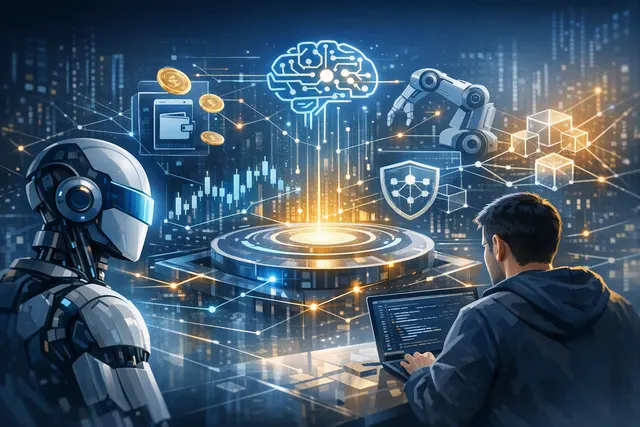 Illustration of AI agents connected to Binance trading, wallet and payment tools through Agent OS