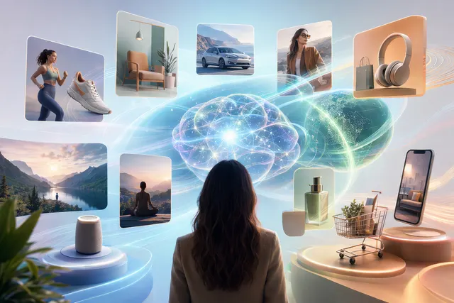 Conceptual illustration of Gemini-powered advertising and AI-driven shopping experiences across Google Search and YouTube