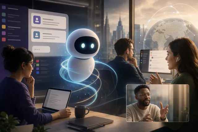 Illustration of an AI virtual coworker operating inside workplace chat platforms like Slack and Microsoft Teams