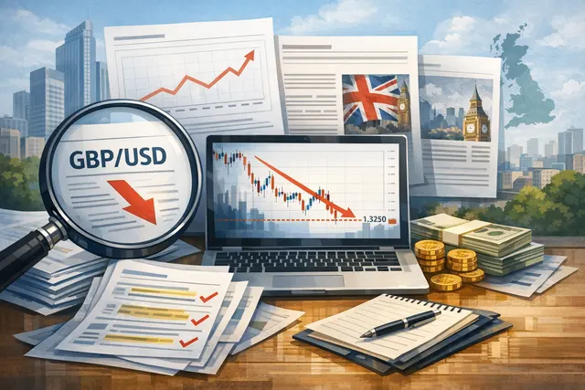 A stylized illustration of pound and dollar currency symbols on a downward-trending chart with a target marker at 1.3250, representing Goldman Sachs' tactical short GBP/USD trade