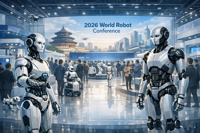Humanoid robots demonstrating industrial and athletic capabilities at a Beijing robotics conference