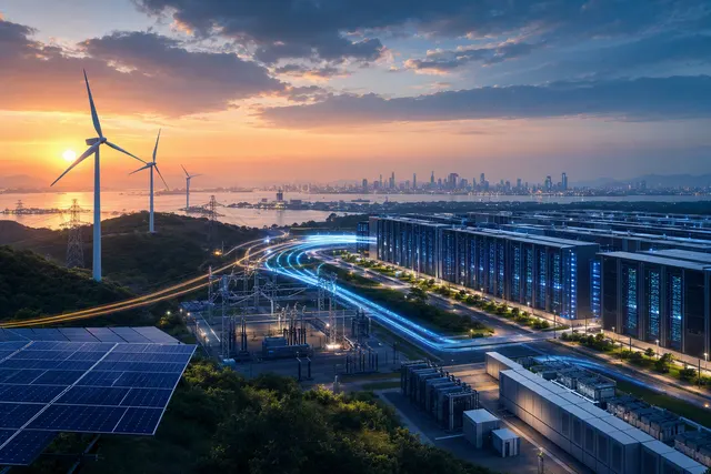 AI-generated editorial illustration of the connection between artificial intelligence, data centres and electricity infrastructure