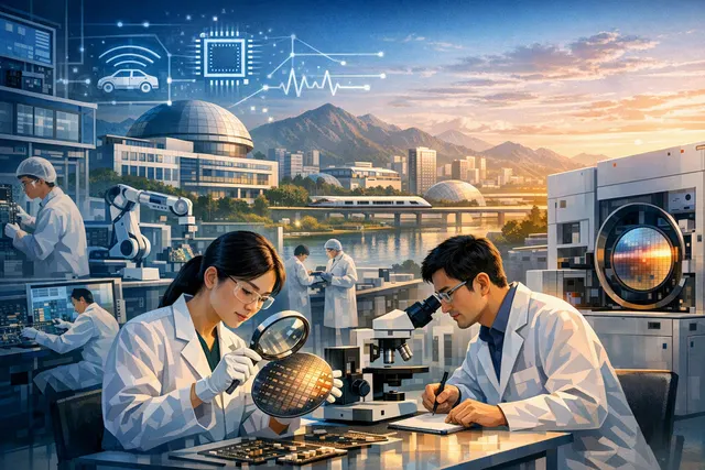 Editorial illustration of an 8-inch MEMS wafer line connected to automotive sensors and a brain–computer interface research system in Bengbu