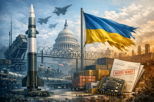 A PAC-3 Patriot interceptor missile launching from a mobile launcher, representing the air-defense system Ukraine seeks to produce domestically.