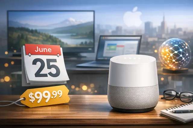 A render of the new Google Home Speaker in a four-color lineup against a minimal backdrop, showcasing the Hazel, Porcelain, Jade, and Berry fabric finishes and the new base light r
