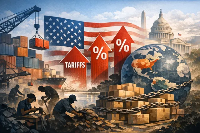 Illustration of trade war tensions showing containers on a split map of the U.S., EU, and China with tariff percentage symbols and a gavel representing trade law.