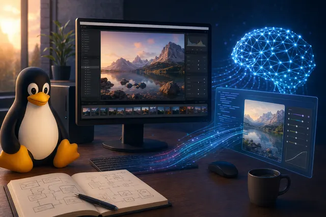 Concept illustration of Adobe Lightroom running on a Linux system through Wine with AI assistance