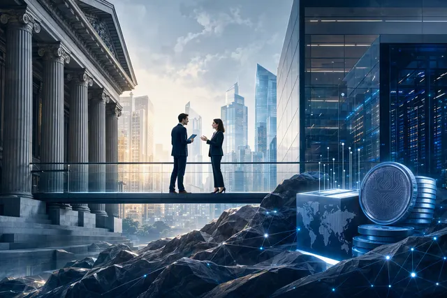 AI-generated editorial illustration of a crypto infrastructure network connecting digital assets with traditional banking