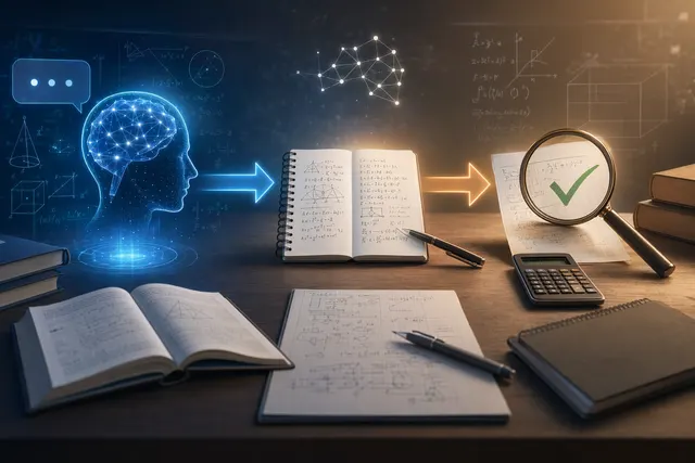 Illustration d’un étudiant utilisant une IA pour résoudre et vérifier un problème de mathématiques