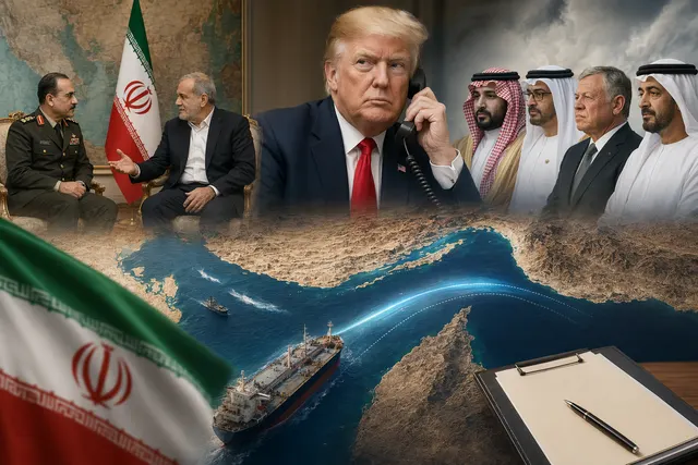 Illustration of U.S.–Iran diplomacy and the Strait of Hormuz shipping route during peace negotiations