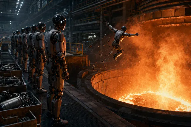 AI-generated illustration of a humanoid robot near a glowing steel furnace