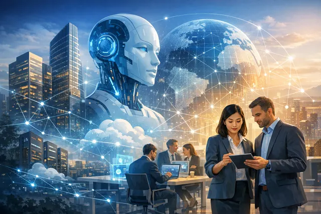 Abstract visualization of interconnected AI agents flowing between the KPMG and Microsoft logos, representing the expanded enterprise AI partnership and agent governance framework.
