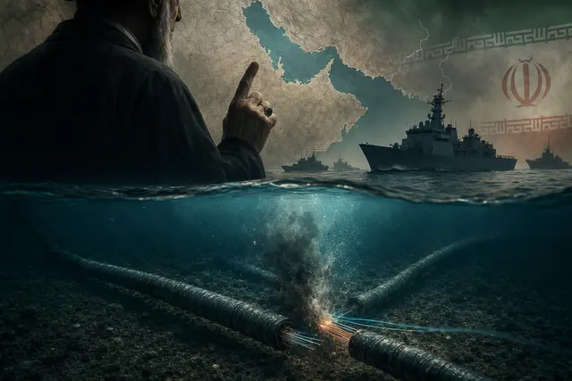 Editorial illustration of the Strait of Hormuz and undersea fiber-optic cable infrastructure