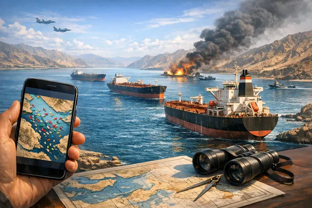 Greek oil tanker navigating near the geopolitical flashpoint of the Strait of Hormuz with warships in the distance.