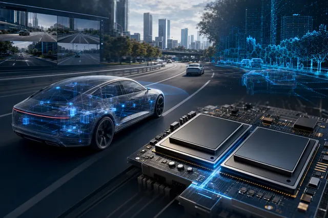 Editorial illustration of automotive AI computing hardware for Axera’s M9 ADAS chip family