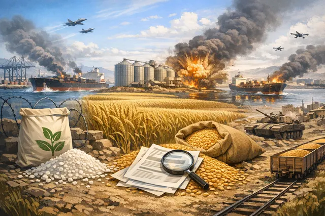 An aerial view of a dry, cracked wheat field under a hazy, orange sky, with a cargo ship silhouette visible on the horizon, symbolizing the combination of drought, conflict, and di