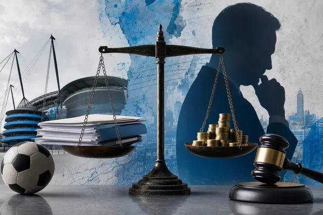 AI-generated editorial illustration accompanying coverage of Manchester City’s Premier League financial-rules appeal
