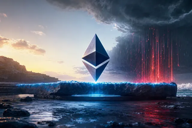 Editorial illustration representing Ether holding near a price support level as ETF investments flow out