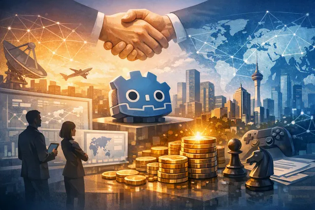Editorial illustration of Tencent backing W4 Games and the expansion of the open-source Godot Engine across Asia