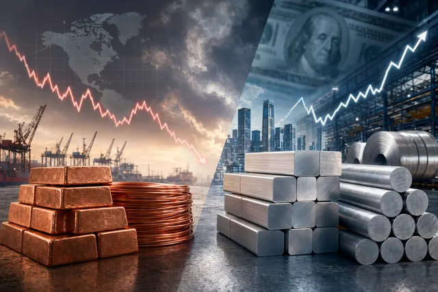 Copper and aluminum metal ingots representing diverging commodity price trends
