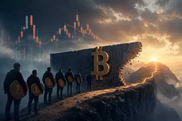 Editorial illustration representing Bitcoin price resistance near the $87,700 break-even zone