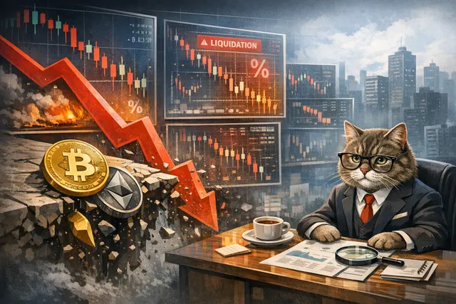 Abstract visualization of a falling crypto market chart with red candlesticks and liquidation metrics on a dark background