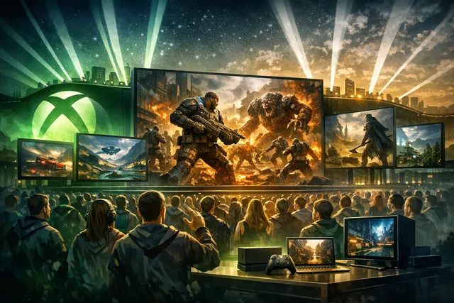 A montage of key game titles from the Xbox Games Showcase 2026 including Gears of War, Fable, and Persona, illuminated by neon green Xbox branding.