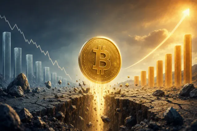 Editorial illustration of Bitcoin and a rising market chart