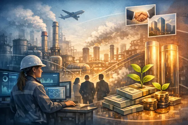 AI system controlling an industrial cement kiln with real-time data overlays showing fuel mix, kiln speed, and oxygen levels