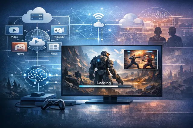 Futuristic gaming controller with a picture-in-picture loading screen overlay showing AI-driven game tips and content during a wait time.