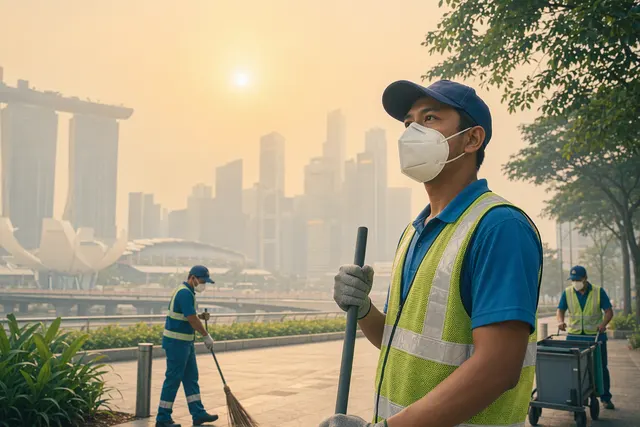 AI-generated illustration accompanying an article about outdoor delivery work during Singapore’s haze