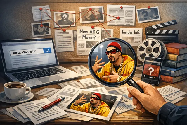 Sacha Baron Cohen as Ali G in character at Wimbledon, wearing yellow-tinted glasses, gold chain, and a tracksuit emblazoned with 'Official Wimbledon Ganja Dealer'