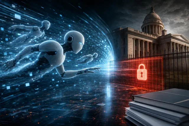 AI-generated editorial illustration accompanying a story about AI agents and website security