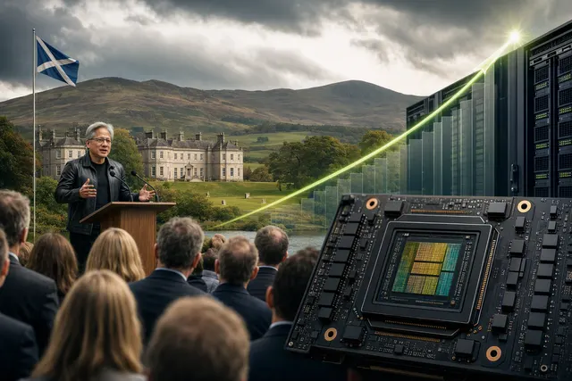 Editorial illustration of Nvidia CEO Jensen Huang and AI data-center infrastructure