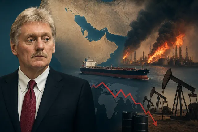 Editorial illustration of an oil-market crisis involving Gulf shipping routes and energy infrastructure