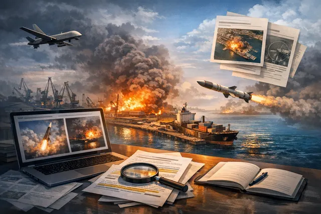 Editorial image of a port under attack with smoke rising, representing Russian drone and missile strikes on Ukraine's Black Sea ports in mid-July 2026.