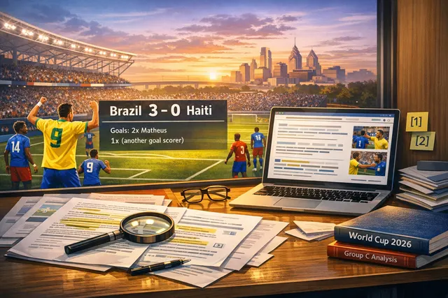 Brazil's Matheus Cunha celebrates after scoring against Haiti in the 2026 FIFA World Cup Group C match at Philadelphia Stadium.