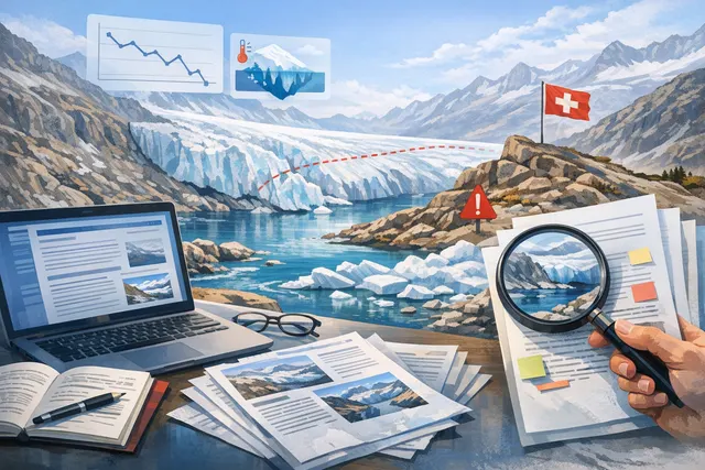 AI-generated illustration of a Swiss glacier with exposed dark ice and diminished snow cover under a hazy sky