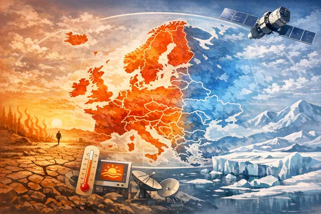 An aerial illustration showing Western Europe under an intense heat dome, with cracked earth and a hot orange-red tint over the United Kingdom, France, and the Iberian Peninsula, c