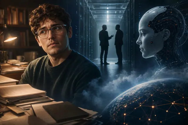 Editorial illustration representing the debate over AI alignment and frontier-model safety