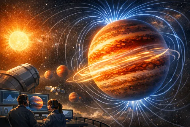 Artistic illustration of an ultra-hot Jupiter exoplanet with swirling atmospheric winds being shaped and slowed by an invisible magnetic field against a backdrop of its host star a