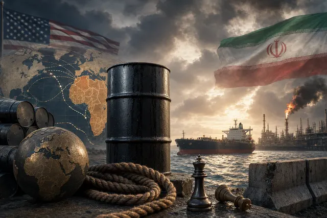 Editorial illustration of oil-market disruption linked to the U.S.–Iran war