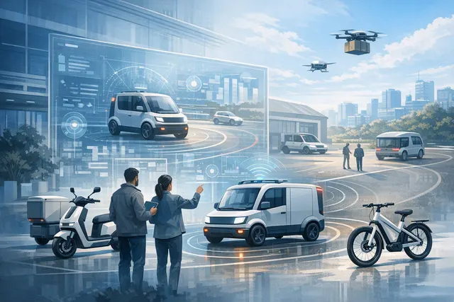Conceptual small electric vehicles representing Also’s e-bike, cargo quad, and autonomous delivery platform