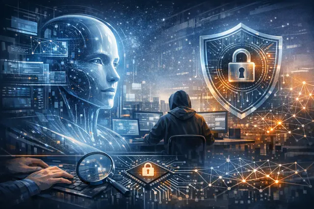 Abstract editorial illustration representing OpenAI’s Astra AI model, autonomous vulnerability discovery, and cybersecurity safeguards