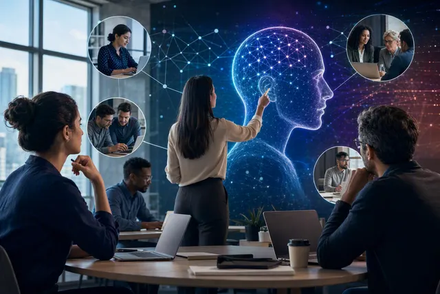 Editorial illustration representing workplace AI skills assessment and role-specific training