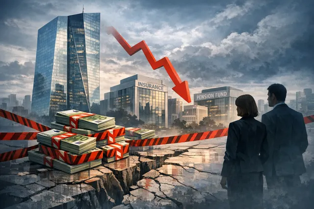 Conceptual illustration of financial stress spreading through interconnected private credit and public market systems, with warning signs over insurer and pension fund icons