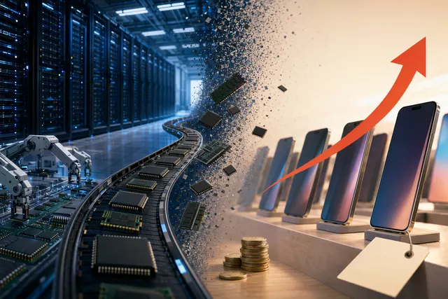 Illustration of AI data centers consuming semiconductor chips while smartphone supply chains shrink