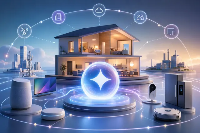 Concept illustration of Gemini AI managing smart home devices like cameras and speakers