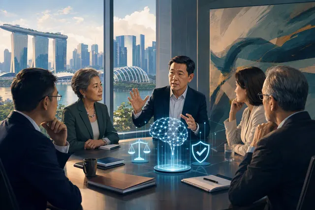 Editorial illustration representing board-level oversight of artificial intelligence