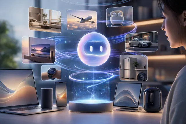 Illustration representing Xiaoyi coordinating system functions and services across apps